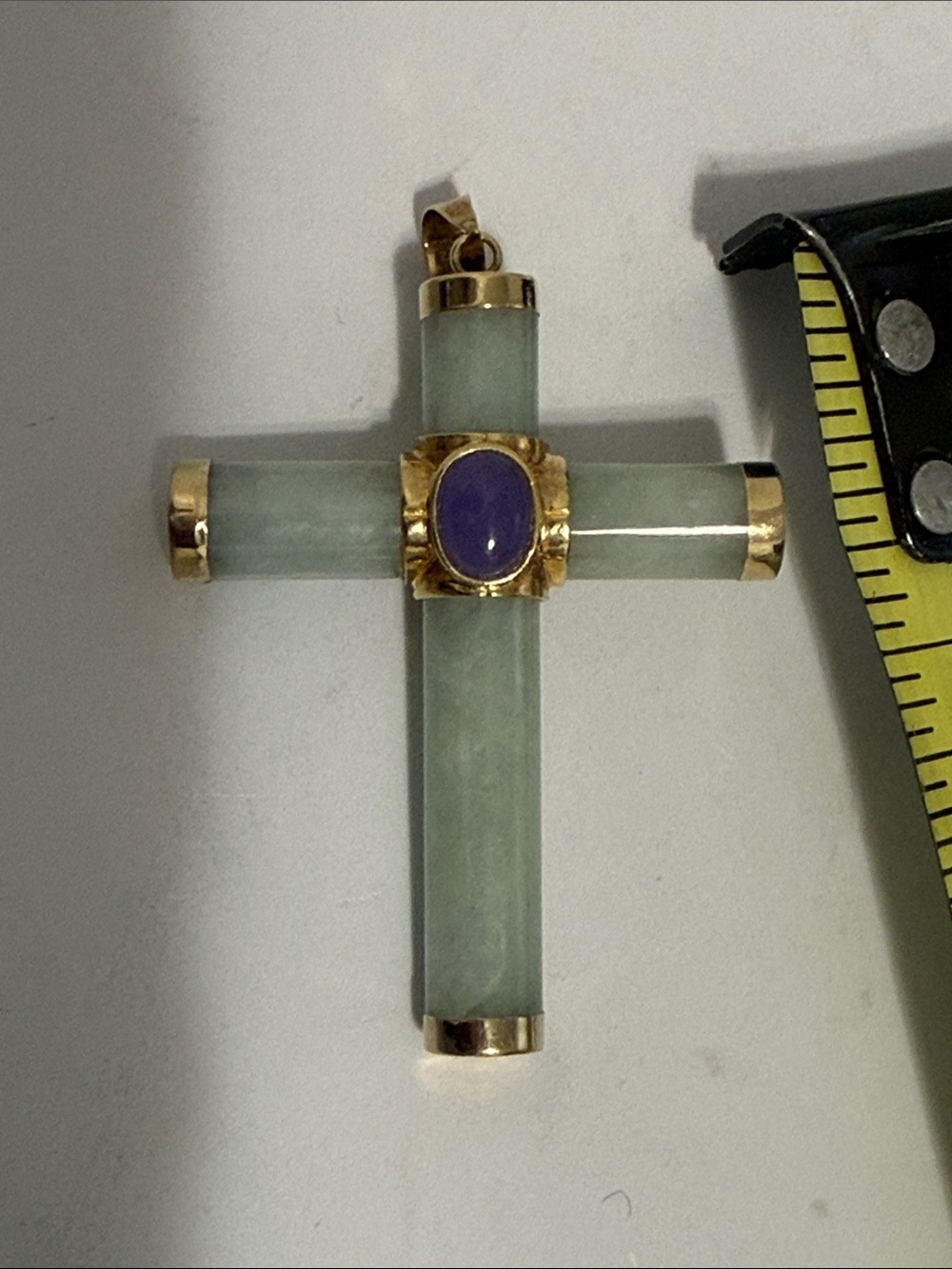 14  karat Gold-Trim Green Jade Cross Pendant with Purple Stone